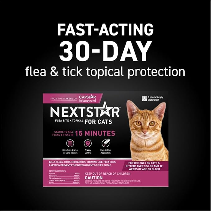 Flea and Tick Prevention for Cats, Repellent, and Control, Fast Acting Waterproof Topical Drops for Cats Over 3.5 lbs, 3 Month Dose