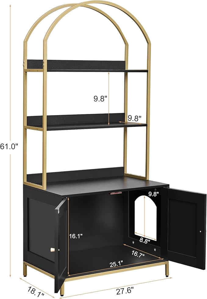 Cat Litter Box Enclosure,Litter Box Furniture Hidden with 2-Tier Storage Shelves,Wooden Cat Washroom Furniture with Metal Frame,Cat House,Modern style, Black and Gold