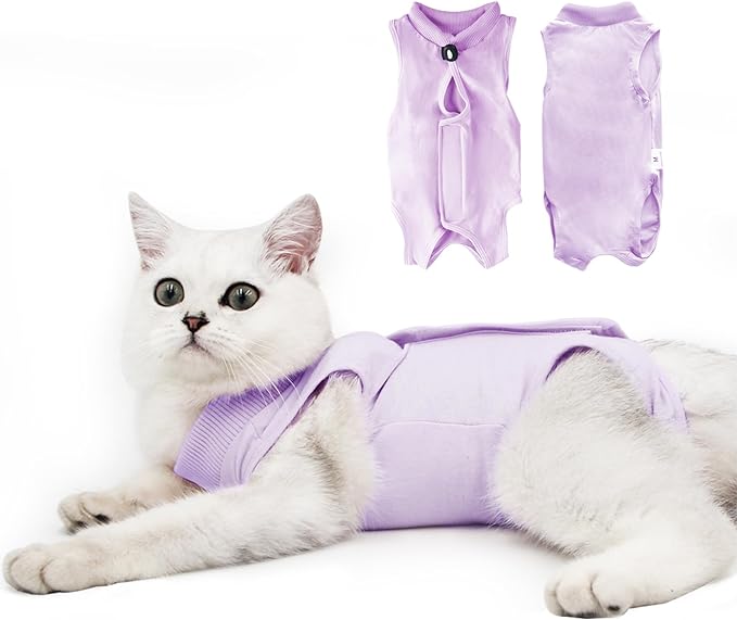 Cat Recovery Suit for Male and Female Surgical Post Surgery Soft Cone Onesie Shirt Clothes Neuter Licking Protective Diapers Outfit Cover Kitten Spay Collar(M, Purple)