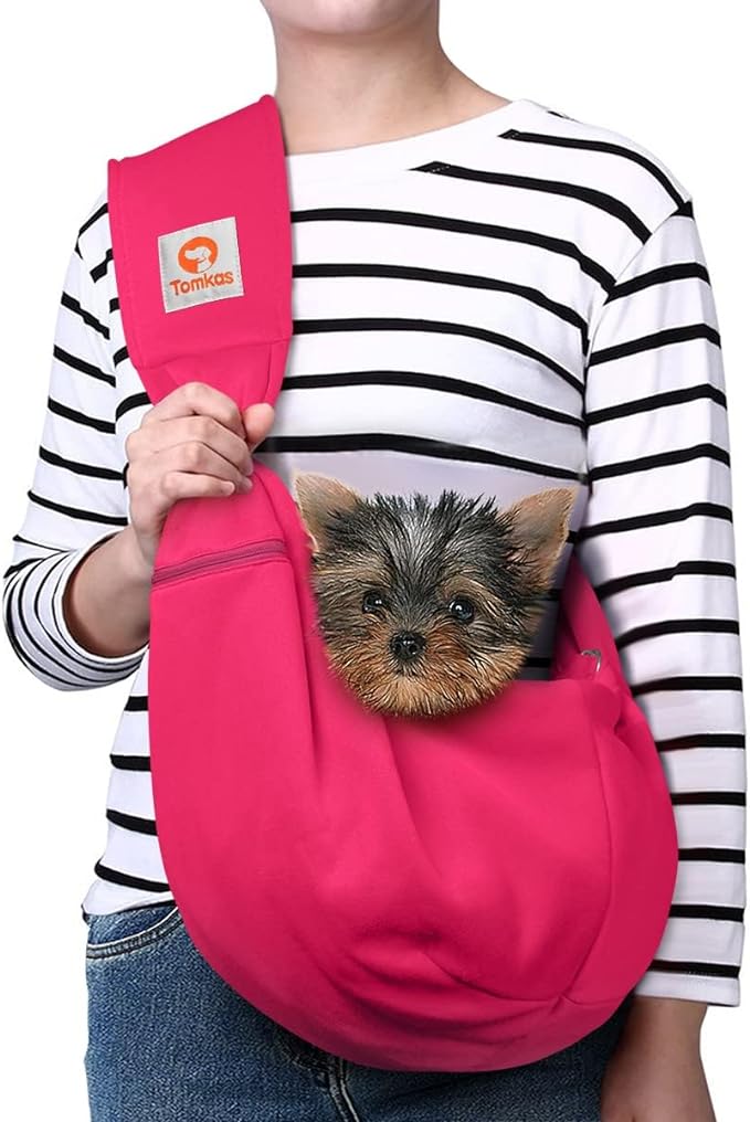 TOMKAS Dog Sling Carrier for Small Dogs Puppy Carrier for Small Dogs (Rose red, adjustable strap for 3 - 10 lbs & Zipper Pocket)