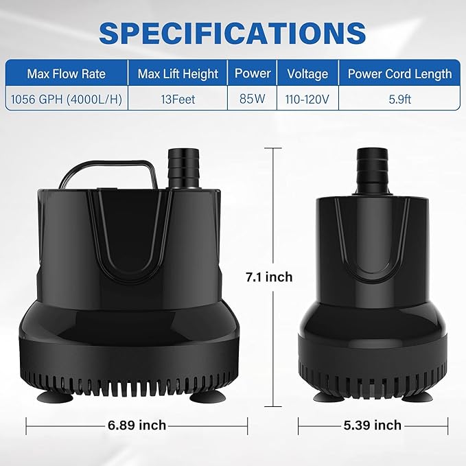 Simple Deluxe 1056GPH Bottom Suction Submersible Water Pump (4000L/H, 85W) with 13ft High Lift 3 Nozzles for Fish Tank, Pond, Aquarium, Hydroponics, Black