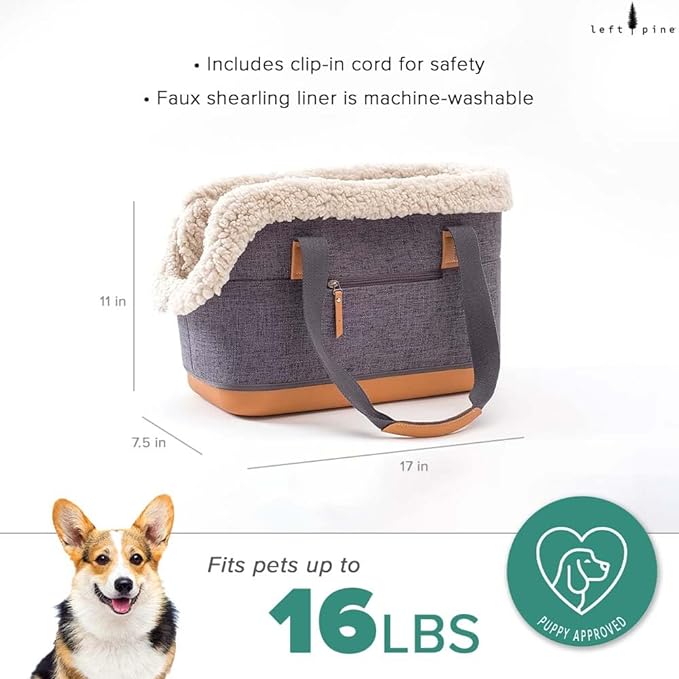 LeftPine x P.L.A.Y. Deluxe Dog Carrier Purse - Soft Sided Pet Travel Tote for Small Dogs, Puppies with Built-In Safety Leash - Machine Washable Removable Liner, Vegan Leather, Zipper Pocket (Charcoal)