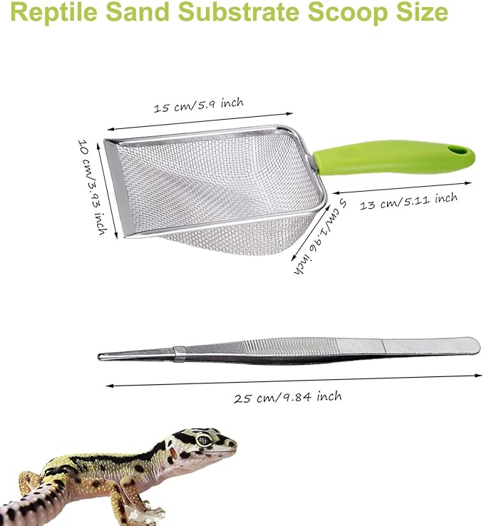 Reptile Sand Substrate Scoop Reptile Sand Fine Mesh Reptile Scooper Stainless Steel Terrarium Substrate Sand Bedding Litter Cleaner Scoop and Reptile Long Feeding Tongs Set (Green-2mm)
