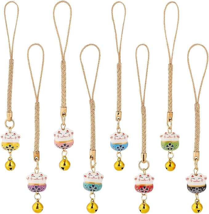 PH PandaHall 8pcs Lucky Cat Keychain Beckoning Cat Pendants Japanese Maneki Neko Fortune Pendants Keyrings Wealth Health Cat Ornament Mobile Phone Pendant for Cell Phone Backpack Wallet Christmas