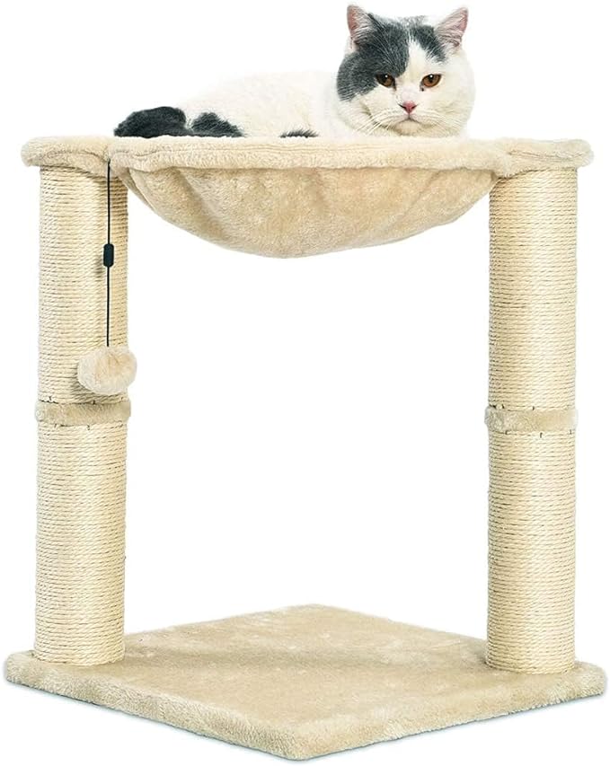 Amazon Basics Cat Tower with Hammock and Scratching Posts for Indoor Cats, 15.8 x 15.8 x 19.7 Inches, Beige