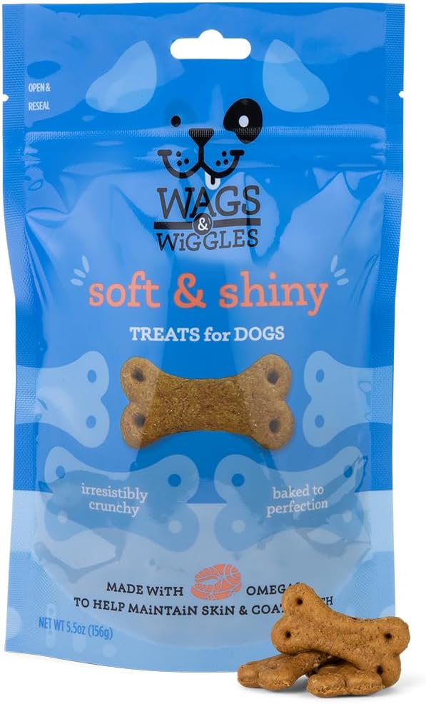 Wags & Wiggles Soft & Shiny Treats for Dogs, Chicken Flavor, 5.5 oz Resealable Bag | Skin & Coat Support Functional Treats for Dogs with Salmon for Skin Health