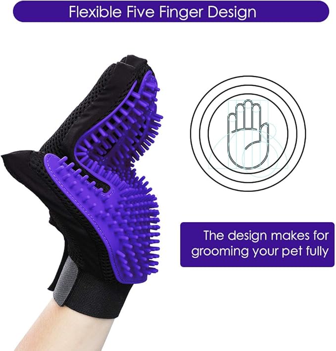 Upgrade Version Pet Grooming Glove - Gentle Deshedding Brush Glove - Efficient Pet Hair Remover Mitt - Enhanced Five Finger Design - Perfect for Dog & Cat with Long & Short Fur - 1 Pair (Purple)