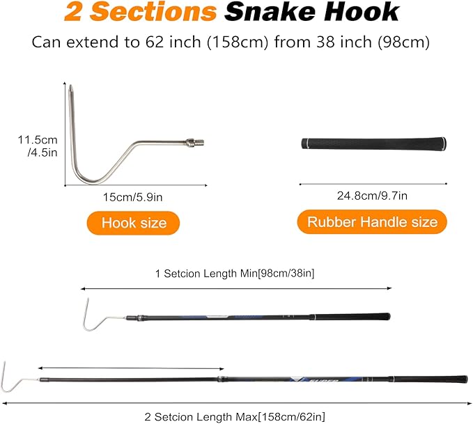 60 inch Snake Hook Catcher Stick Tongs Grabber Handling Tool Kit for Rattlesnakes Python Copperhead Removal Catching （ 2 Sections ）