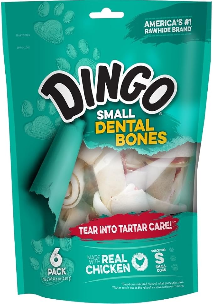 Dingo Small Dental Bones 6 Count, Rawhide Chews For Dogs, Natural Chewing Action Helps Clean Teeth, 36-Count