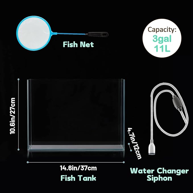 3 Gallon Ultra Clear Glass Fish Tank, Rimless Low Iron Aquarium for Betta/Nano/Goldfish/Snail/Shrimp, Small Fish Tank with Fish Net & Cleaning Tools