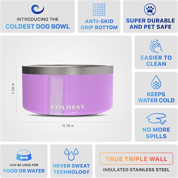 Coldest Dog Bowl, Anti Rust Metal & Non Slip Dog Bowls Large, Spill Proof Heavy Duty 3 Layers Insulated Dog Bowl, Food & Water Bowl for Dogs, Cats, Dishwasher Safe (200 oz, Saturns Purple Glitter)