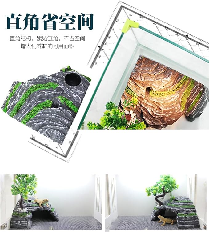 Reptile Simulation Rock Hide-Resin Amphibian Hideouts Cave Size 3.94'' x 1.77'' with Plastic Tree 7.87'',Habitat for Bearded Dragon Turtles Lizards Snakes Crab Gecko Leopard Spider Fish