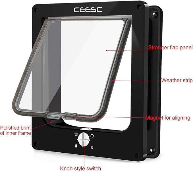 CEESC Large Cat Doors, Magnetic Pet Door with 4 - Way Rotary Lock for Cats, Kitties and Kittens, Upgraded Version (Large, Black)