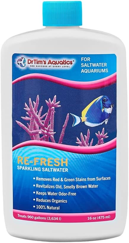 DrTim's Aquatics Re-Fresh for Saltwater Aquariums – 100% Natural Fish Tank Sanitizer & Revitalizer Conditioner Solution Fresh, Crystal-Clear, Sparkling Water -16oz