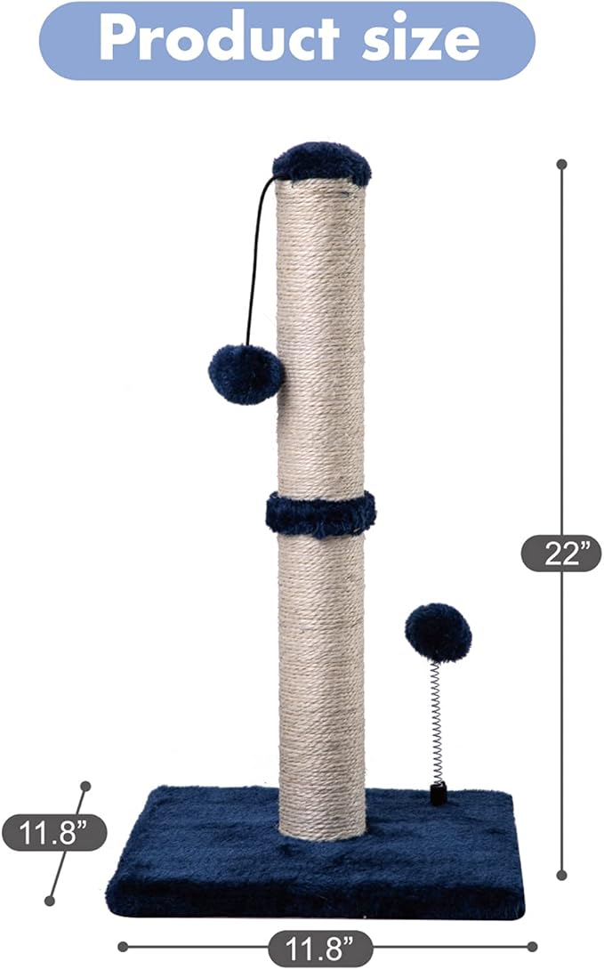 Cat Scratching Post Premium Basics Kitten Scratcher Sisal Scratch Posts with Hanging Ball 22 in for Kittens or Smaller Cats (22 inches for Kitten, Navy)