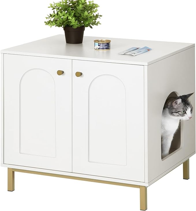 Cat Litter Box Enclosure, Hidden Litter Box Furniture, Wooden Pet House Side End Table, Storage Cabinet Bench, Fit Most Cat and Litter Box, Living Room, Bedroom, White and Gold CB81203G