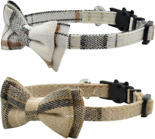 Cat Collar Breakaway with Bell and Bow Tie, Plaid Design Adjustable Safety Kitty Kitten Collars(6.8-10.8in) (White&Cream Color Plaid)