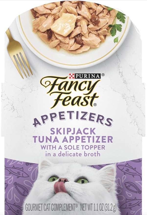 Fancy Feast Appetizers for Cats Variety Pack/2 of each-12 Total/Chicken, Tuna, Salmon, Ocean Fish/Bundle includes-100% Bonito Fish Flakes Topper & Catnip Ball Toy