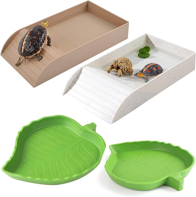 3pcs Tortoise Food Dish with Ramp and Basking Platform Leaf Tortoise Water Food Bowls Reptile Water Dish Turtle Reptile Pool for Amphibians Gray