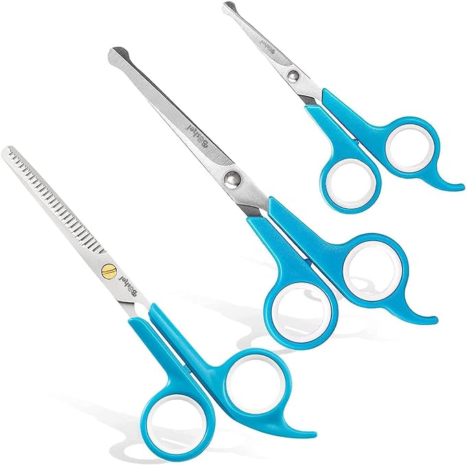 BOSHEL 3 Pc Dog Grooming Scissors Kit - 7" Scissor For Body Hair Trimming, 6" Small Micro-serrated Scissor For Face, Ear, & Paws, Thinning Shears For Dogs - Professional Dog Grooming Kit For Cat & Pet