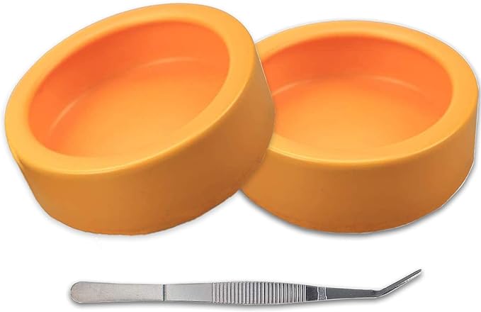 2 Pack Worm Dish Reptile Food Bowl Bearded Dragon Ceramic Bowl with Feeding Tongs (Yellow-Large)