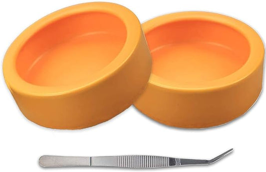 2 Pack Worm Dish Reptile Food Bowl Bearded Dragon Ceramic Bowl with Feeding Tongs (Yellow-Large)