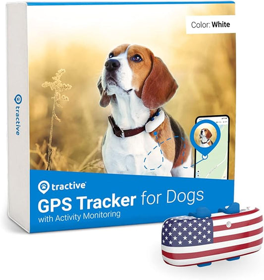 Tractive GPS Pet Tracker for Dogs - Waterproof, GPS Location & Smart Activity Tracker, Unlimited Range, Works with Any Collar (White with US Flag Cover)