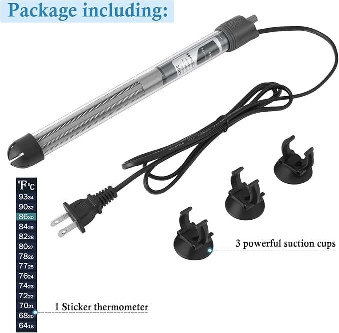 HITOP 50W 100W 300W Adjustable Aquarium Heater, Submersible Fish Tank Heater Thermostat with Suction Cup (300W)