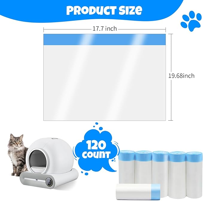 120 Count Cat Litter Box Liners Bags, Extra-Thick Cat Waste Bags for Self-Cleaning Cat Litter Box, Drawstring Cat Litter Liner Box Self Cleaning Trash Bags -17.7" x 19.68"