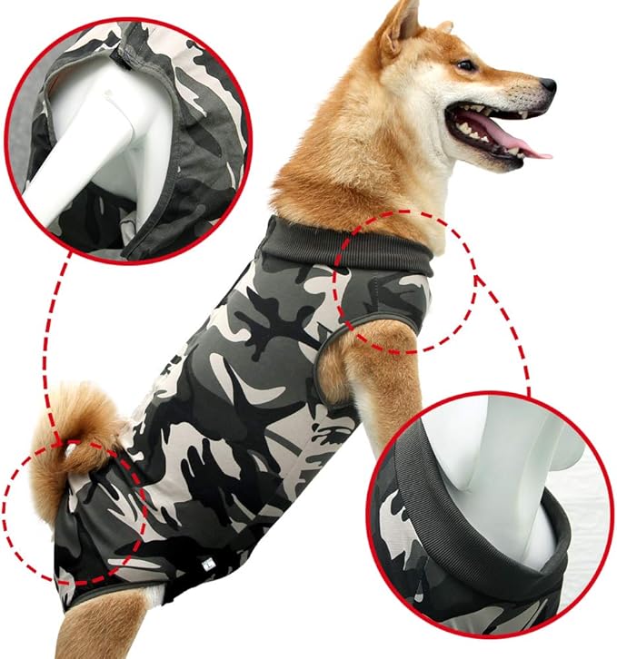 Dog Recovery Suit Abdominal Wound Puppy Surgical Clothes Post-Operative Vest Pet After Surgery Wear Substitute E-Collar & Cone(S, Camouflage)