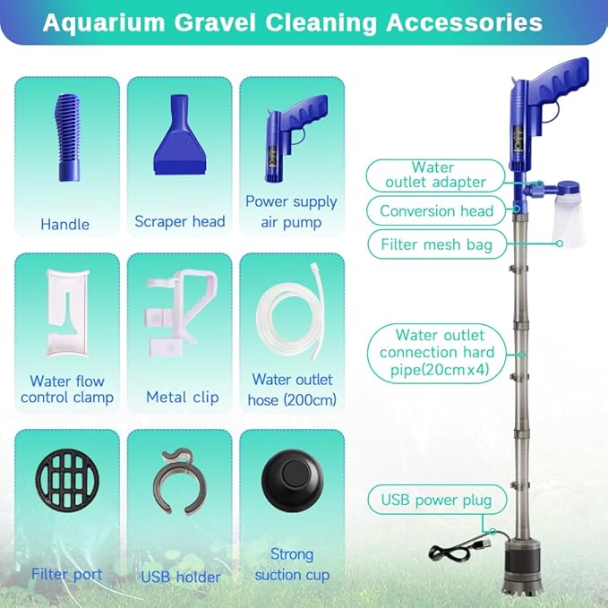 Electric Aquarium Gravel Cleaner for Fish Tank Cleaning Tools, 6in1 Automatic Gravel Vacuum for Aquarium, Portable Air Pump, Algae Scraper, Sand Washing, Water Change, Filter, Circulation 5V/4W