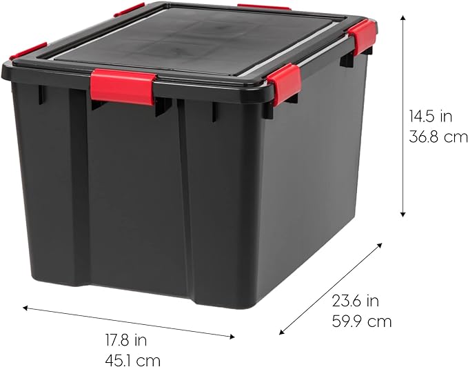IRIS USA 74 Qt Storage Box with Gasket Seal Lid, 3 Pack - BPA-Free, Made in USA - Heavy Duty Moving Containers with Tight Latch, Weather Proof Tote Bin, WEATHERPRO - Black/Red
