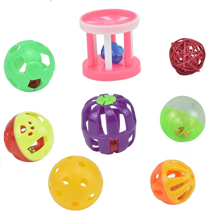 8pcs Bird Cat Ball Toys with Bell Colorful Parakeets Foot Talon Training Toy Conures Feeder Toys Cockatiel Chewing Rattle Balls Parrot Cage Activity Toys for Budgie Playgym Birdcage