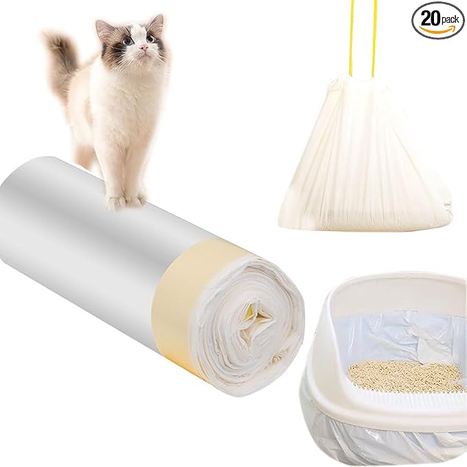 20 Count Cat Drawstring Litter Box Liners 26.6 * 16.7 inches Heavy Duty Leak-proof Cat Poop Bags Extra Durable Cat Litter Box Replacement Waste Bags for Self-Cleaning Litter Box Pet Cat Supplies