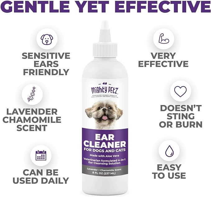 Mighty Petz Dog Ear Cleaner – Pet Ear Wash to Support Itchy, Infection Prone Ears, Yeast and Wax. Advanced & Gentle Otic Cleaning Solution. Ear Drops for Dogs and Cats - 8 oz