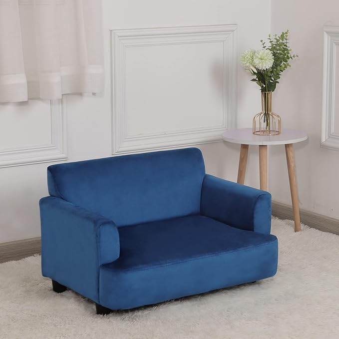 Dog Sofas and Chairs for Small Pet, Pet Sofa Bed with Wooden Frame and Velvet Fabric, Upholstered Dog Bed,Cat Sofa Chair for 45 Pounds Small Animal Using,Blue