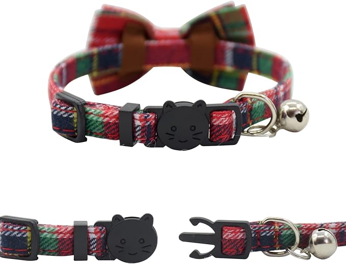 Cat Collar Breakaway with Bell and Bow Tie, Plaid Design Adjustable Safety Kitty Kitten Collars(6.8-10.8in)(Christmas Red&Green)