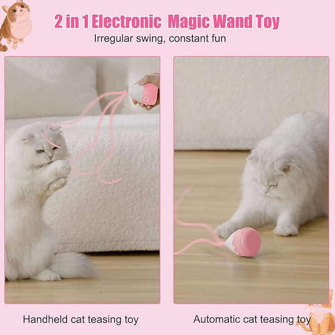 Cat Toys Interactive for Indoor Cats, Automatic Cat Wand Toy Silicone Tail Teaser Toy 2 in 1, Rechargeable Exercise Toy for Kitten-Pink