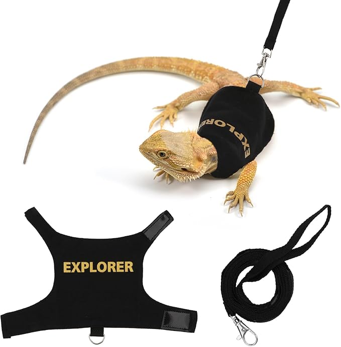 Hypeety Bearded Dragon Harness and Leah Set Adjustable Escape Proof Leash Outdoor Walking Training Leash and Harness for Bearded Dragon Lizard Reptiles Small Pets Black (Explorer)