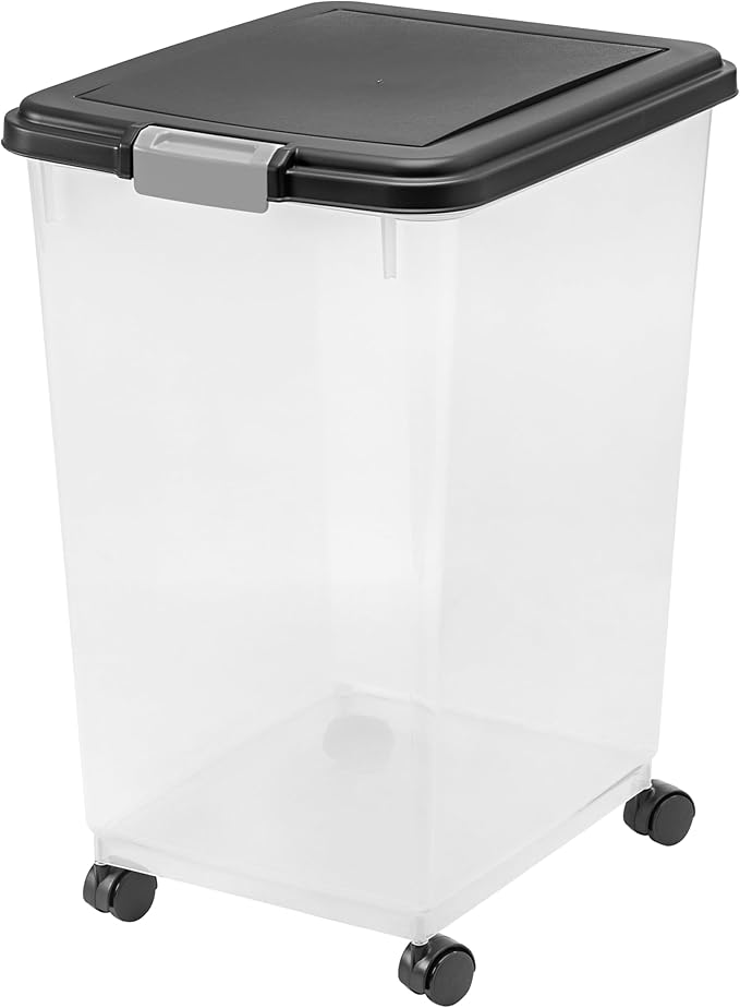 IRIS USA WeatherPro Airtight Dog Food Storage Container, Up to 54 lbs, Attachable Wheels, For Dog Cat Bird and Other Pet Food Storage Bin, Keep Fresh, Translucent Body, Easy Mobility, Black