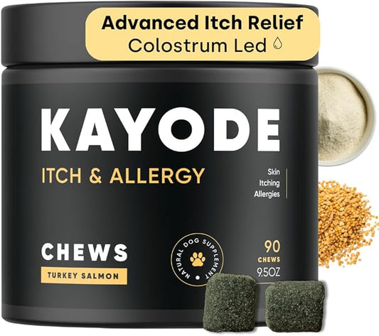 Kayode Itch & Allergy Chews - Natural Allergy Relief for Dogs. Premium Colostrum for Dogs, Bee Pollen for Dog Allergies. Alaskan Salmon Oil. Natural Itch Relief for Dogs. 90 Dog Allergy Chews.