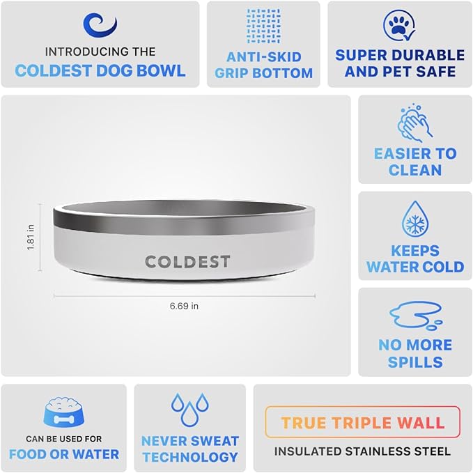 Coldest Dog Bowl - Anti Rust Metal & Non Slip Dog Bowls Large, Spill Proof Heavy Duty 3 Layers Insulated Dog Bowl - Food and Water Bowl for Dogs, Cats & Pets, Dishwasher Safe (21 oz, Epic White)