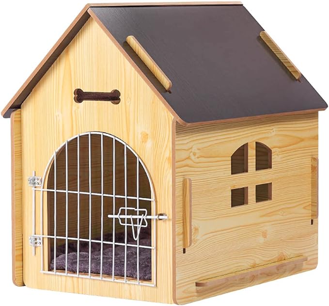 Wooden Pet House with Roof for Dogs Indoor and Outdoor Use, Easy Assemble Breathable Dog Crate for Small Medium Dog Cat, Dog Kennel for Playing and Resting