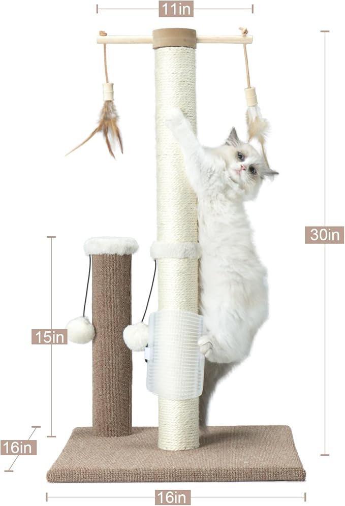 Cat Scratching Post 30in Tall Sisal Carpet Vertical Scratch Posts for Indoor Cats and Kittens,with Hanging Ball and Bursh Beige