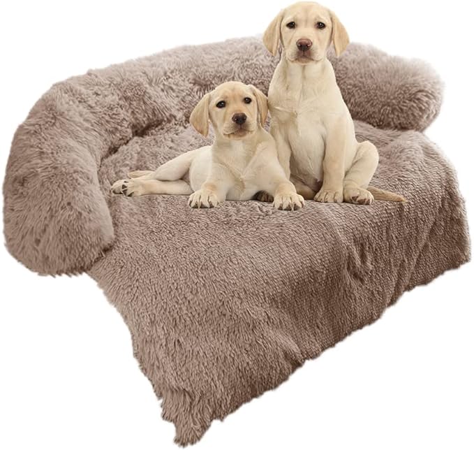 Calming Dog Bed Fluffy Plush Dog Mat for Furniture Protector with Removable Washable Cover for Large Medium Small Dogs and Cats (Medium(41x37x6), Light Brown)