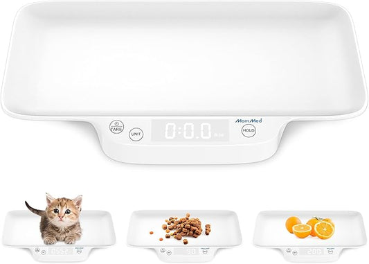 MomMed Digital Pet Scale, Portable Pet Dog Cat Scale with Hold and Tare Function, Precision Digital Scale, New Born Puppy and Kitten Scale with Tray for Puppy/Hamster/Little Bird/Rabbit, 1oz - 33lb