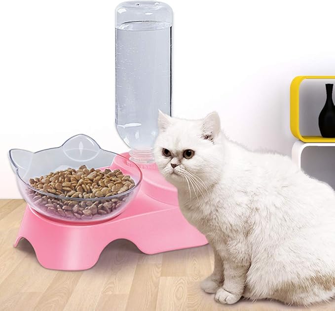 MILIFUN Double Dog Cat Bowls - Pets Water and Food Bowl Set, 15°Tilted Water and Food Bowl Set with Automatic Waterer Bottle for Small or Medium Size Dogs Cats