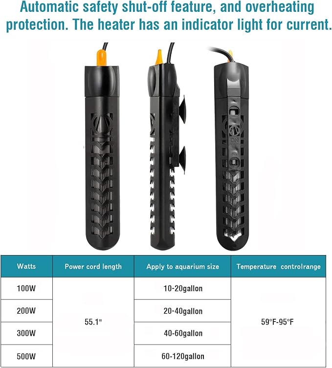 Aquarium Heater 100W Fish Tank Heater with Anti Scald Protector and Aquarium Thermometer, Fully Submersible Fish Heater for Marine Saltwater and Freshwater (15 to 25 Gallon)