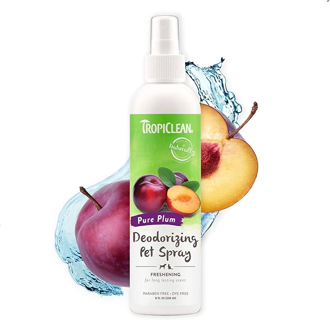 TropiClean Pure Plum Dog Perfume Spray Long Lasting | Naturally Derived Odor Removing Dog Deodorizing Spray | Cat Friendly | Made in USA | 8 oz.