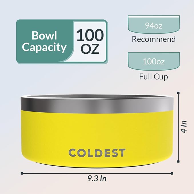 Coldest Dog Bowl - Anti Rust Metal & Non Slip Dog Bowls Large, Spill Proof Heavy Duty 3 Layers Insulated Dog Bowl - Food and Water Bowl for Dogs, Cats & Pets, Dishwasher Safe (100 oz, Solar Yellow)